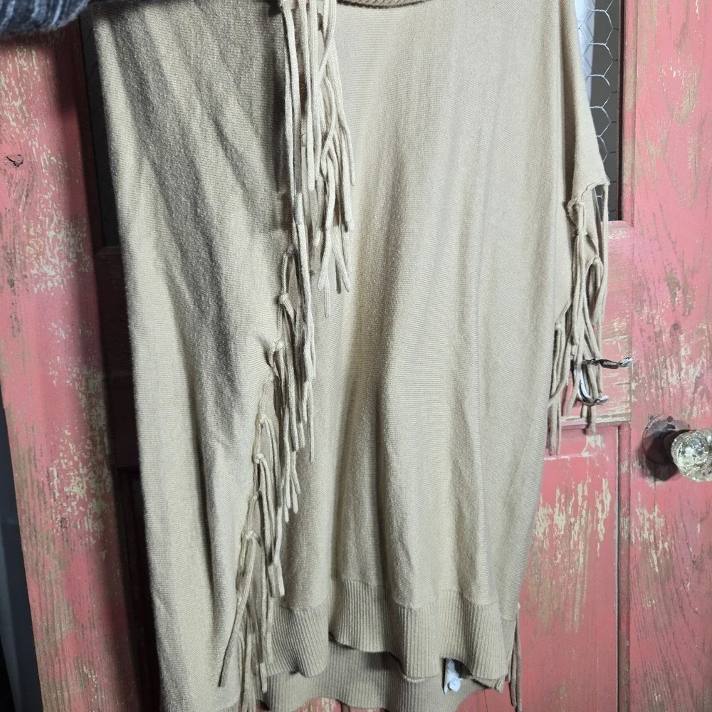 Michael Kors Womens Sweater‎ Fringe Cowl Neck Tunic Beige Poncho Sz M Oversized